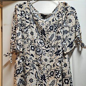Ann Taylor Factory women's blouse, tan with navy blue and white floral print